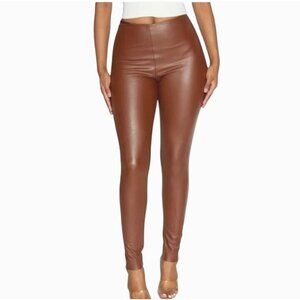 NEW Naked Wardrobe Faux Leather High-Waisted Chesnut‎ Brown Textured Leggings, M